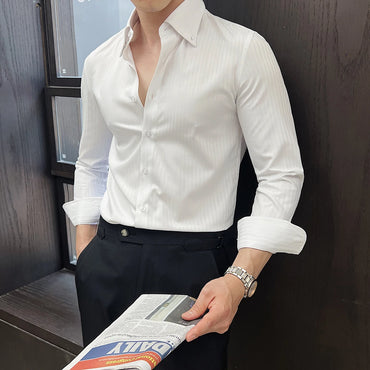 High-quality autumn men's new long-sleeve dark striped slim-fit shirt business casual formal workwear M-4XL