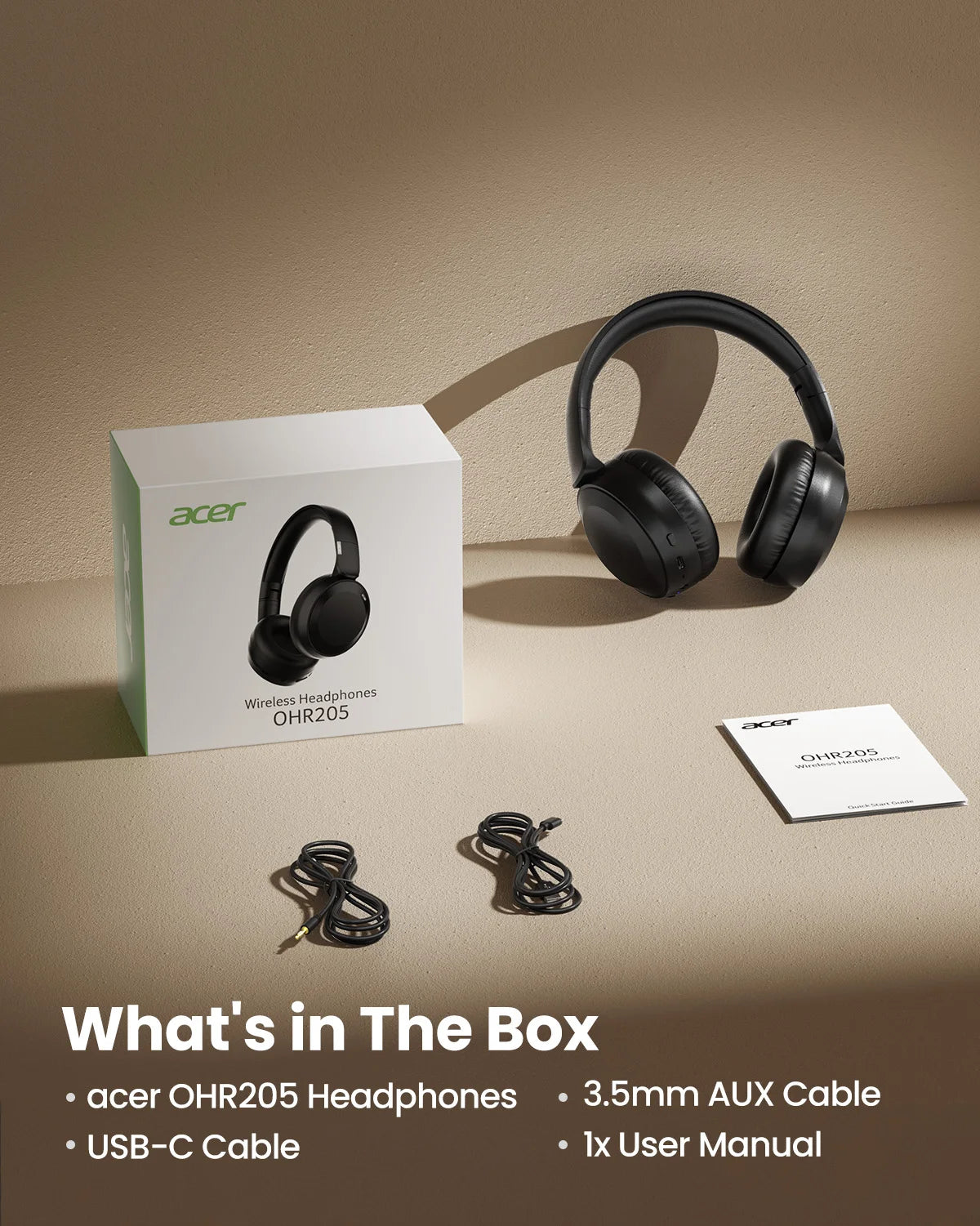 Acer OHR205 Wireless Bluetooth 6.0 Headphones Foldable Over-Ear Headphones Memory Foam Earpads Multipoint for Travel,Home,Office