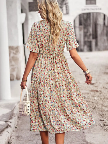 Summer Women V Neck Elegant Printed Short Sleeve High Waist A Line Floral Holiday Dress