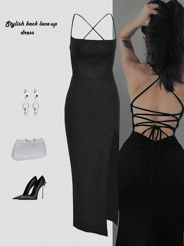 Sexy Solid Color Criss-Cross Backless High Slit Dress Summer Party