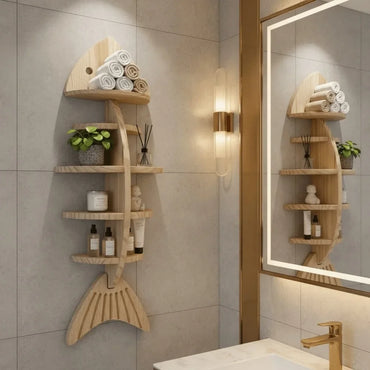 1pcs Creative Wooden Fishbone Wall Storage Shelf, Multilayer Stylish Home Decor Rack, Bathroom Storage Shelf (Vertical/Horizonta