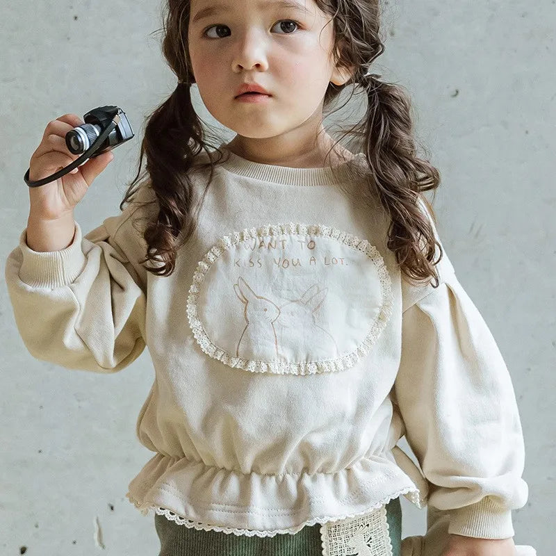 WT2768 Korean Style Spring Autumn Cute Rabbit Patch Lace Waist Short Sweatshirt for Girls Children's Clothing 2026 New Arrival