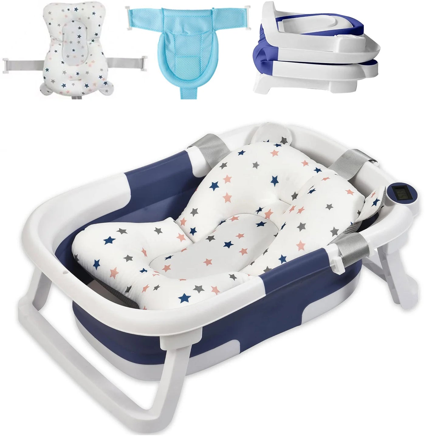Baby Bath Tub with Bath Cushion Foldable Bathtub with Thermometer Shower Cap Shower Brush for Newborn and Toddler 0-36 Months