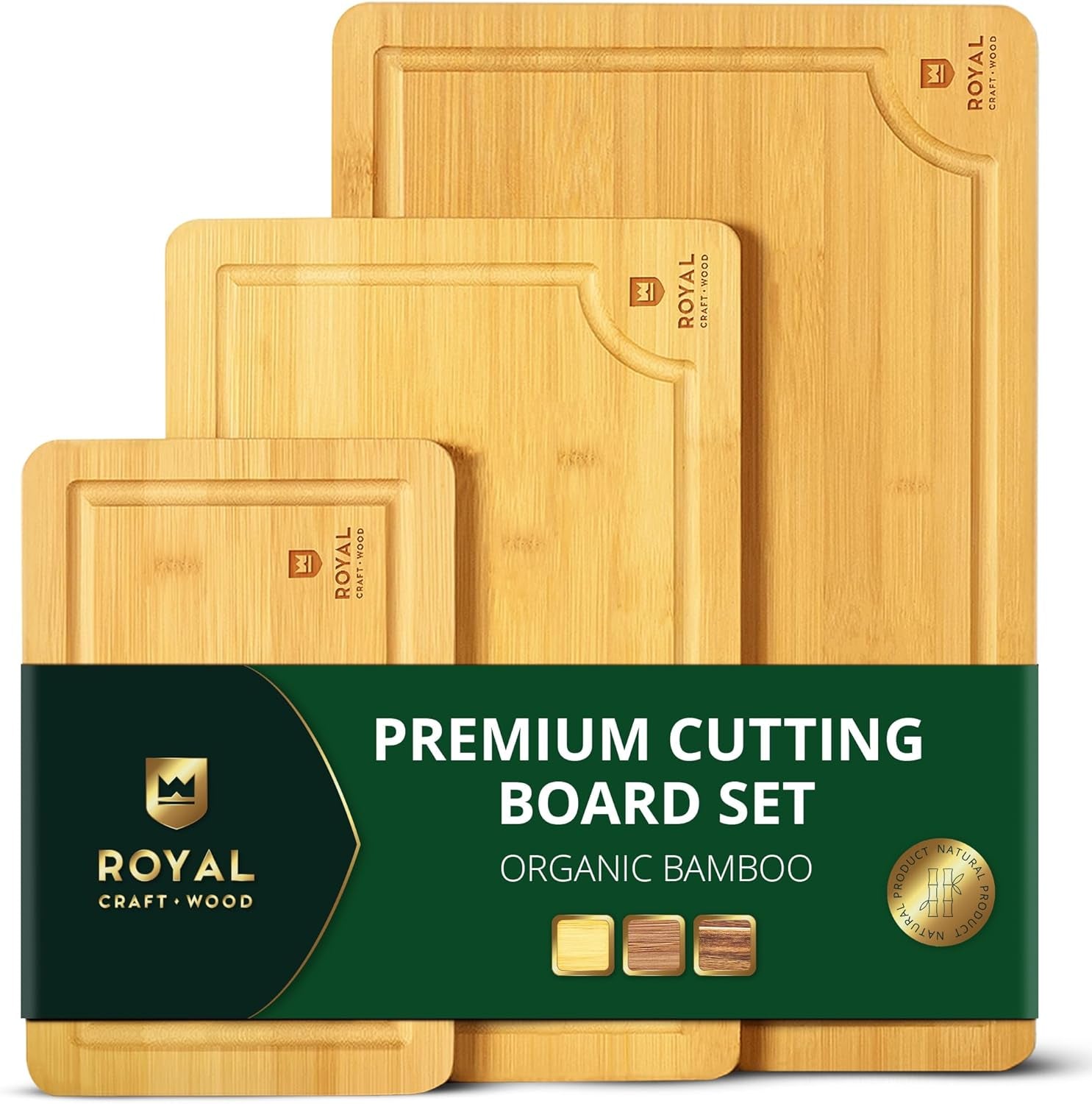 Wooden Cutting Boards for Kitchen Meal Prep & Serving - Bamboo Wood Serving Board Set with Deep Juice Groove Side Handles - Charcuterie & Chopping Butcher Block for Meat