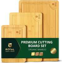 Wooden Cutting Boards for Kitchen Meal Prep & Serving - Bamboo Wood Serving Board Set with Deep Juice Groove Side Handles - Charcuterie & Chopping Butcher Block for Meat