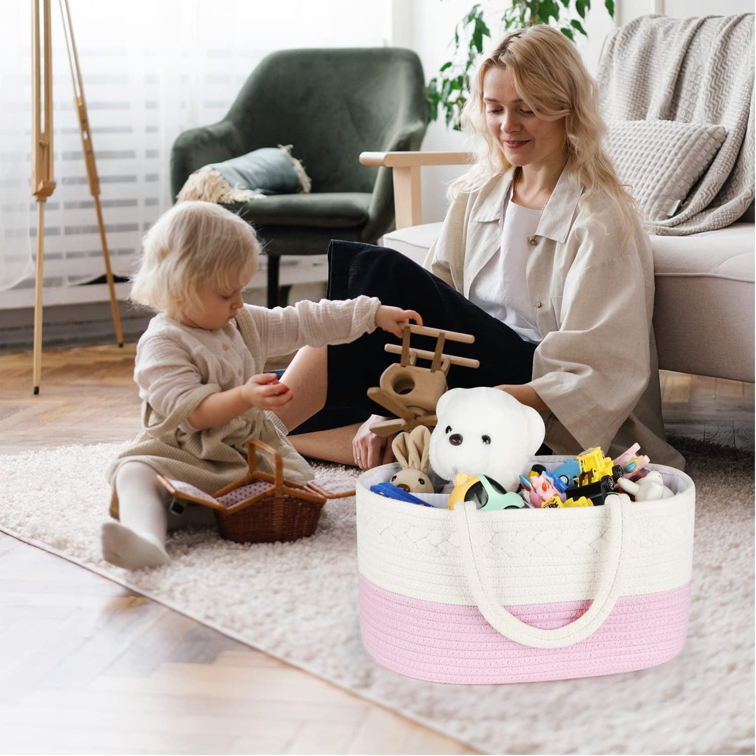Diaper Caddy Organizer - Cotton Rope Nursery Storage Basket for Baby Essentials, Boys & Girls Shower Gift, Changing Table Organizer, Pink