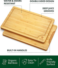 Wooden Cutting Boards for Kitchen Meal Prep & Serving - Bamboo Wood Serving Board Set with Deep Juice Groove Side Handles - Charcuterie & Chopping Butcher Block for Meat