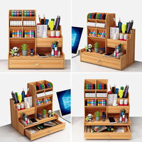 Bamboo Desk Organizer - Makeup & Pen Storage with Drawer & Pencil Holder for Office Organization