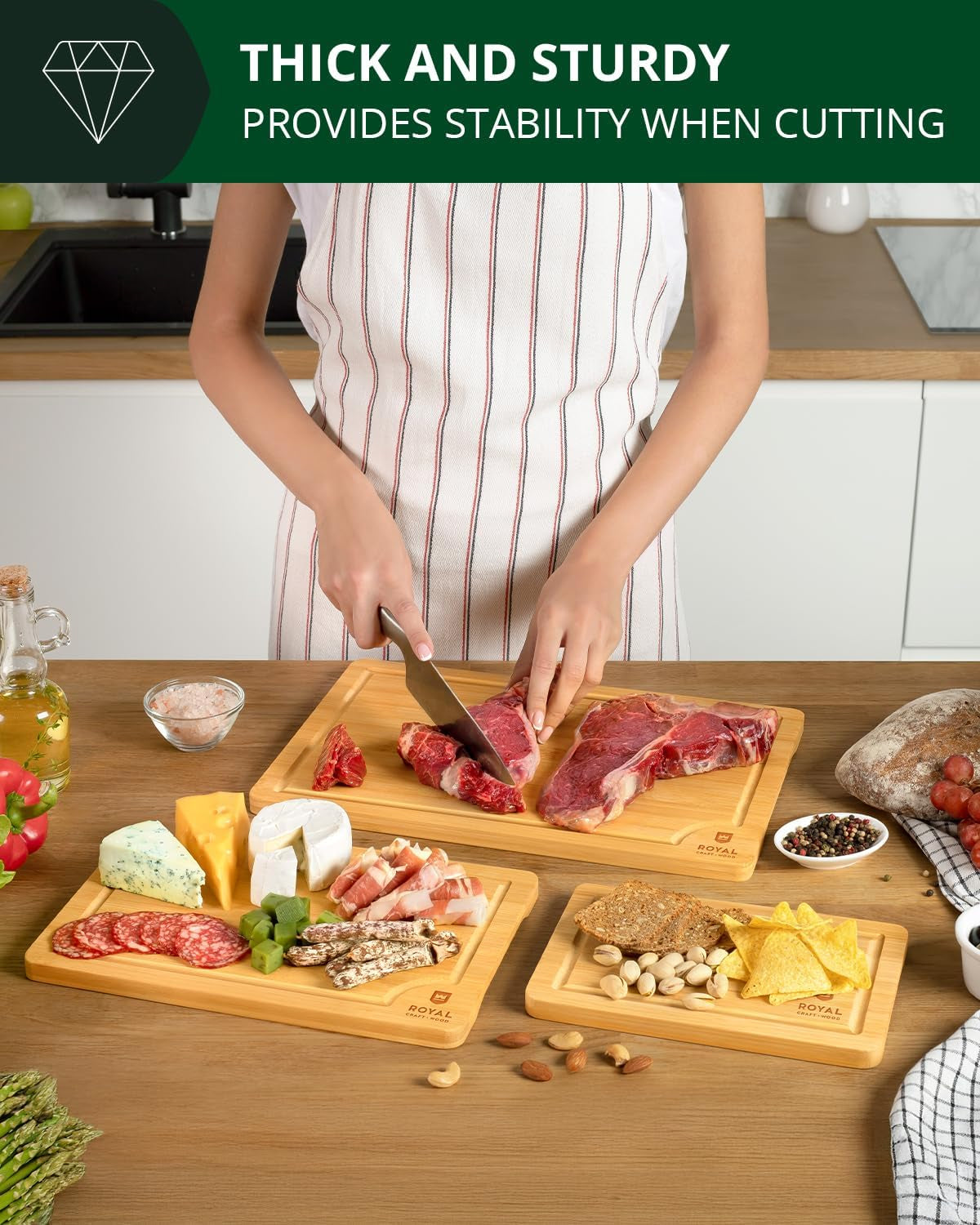 Wooden Cutting Boards for Kitchen Meal Prep & Serving - Bamboo Wood Serving Board Set with Deep Juice Groove Side Handles - Charcuterie & Chopping Butcher Block for Meat