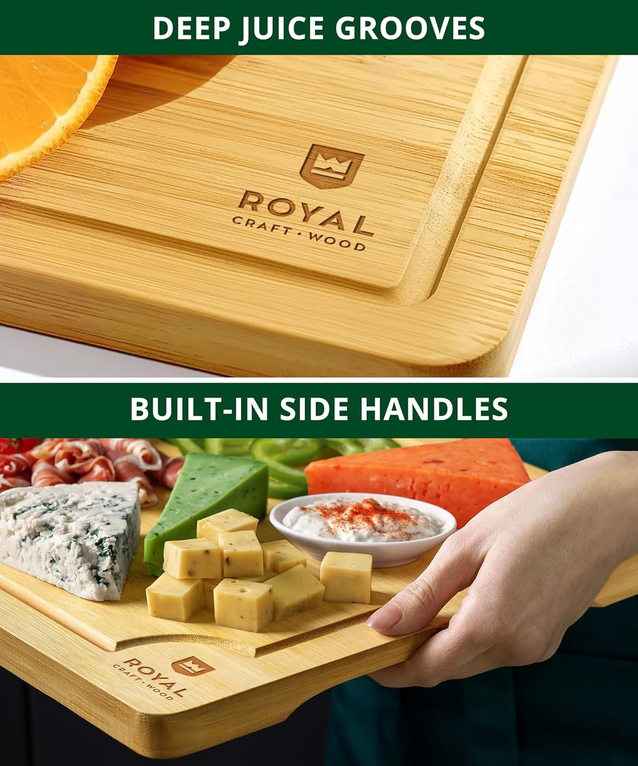 Wooden Cutting Boards for Kitchen Meal Prep & Serving - Bamboo Wood Serving Board Set with Deep Juice Groove Side Handles - Charcuterie & Chopping Butcher Block for Meat
