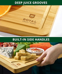 Wooden Cutting Boards for Kitchen Meal Prep & Serving - Bamboo Wood Serving Board Set with Deep Juice Groove Side Handles - Charcuterie & Chopping Butcher Block for Meat