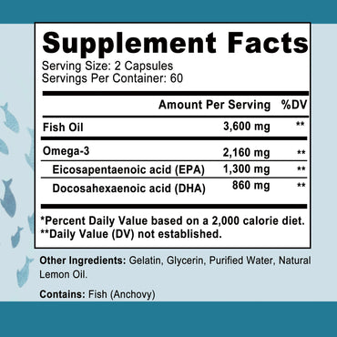 Omega 3 Fish Oil - Benefits The Cardiovascular System, Cognitive Function, and Learning Ability - 120 Capsules