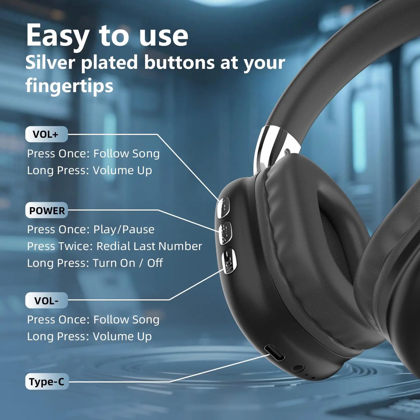 B36 Over-Ear Headphones, Bluetooth 5.3, ANC, 8H Playtime, HD Mic, Foldable. For Mobile, PC, Gaming.