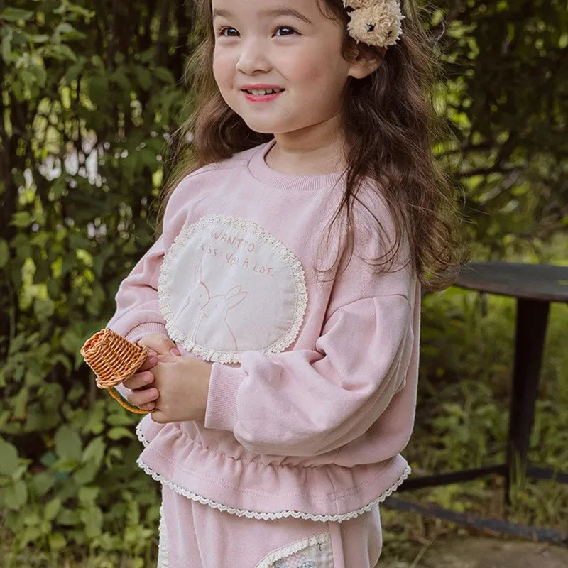 WT2768 Korean Style Spring Autumn Cute Rabbit Patch Lace Waist Short Sweatshirt for Girls Children's Clothing 2026 New Arrival