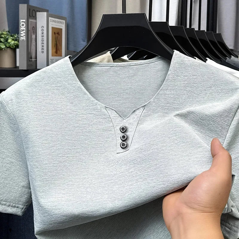 2025 New Men's Business Casual Three Button V-neck Short Sleeved T-shirt Korean Style Summer Comfortable Versatile Top