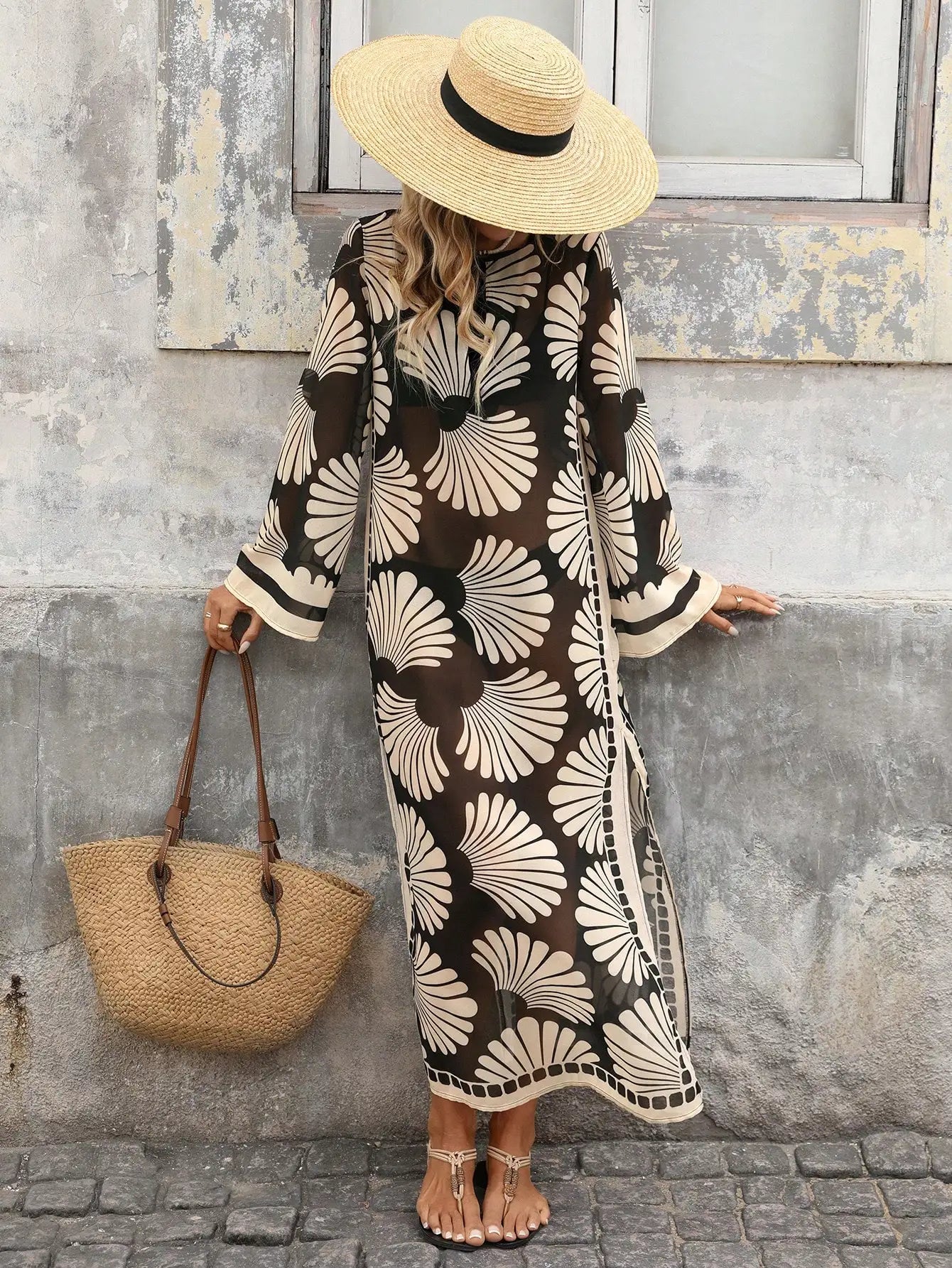 Women Summer Shell Print Front Tie Kimono Cover Up Beach Dress