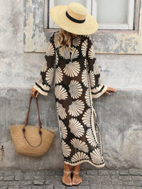 Women Summer Shell Print Front Tie Kimono Cover Up Beach Dress