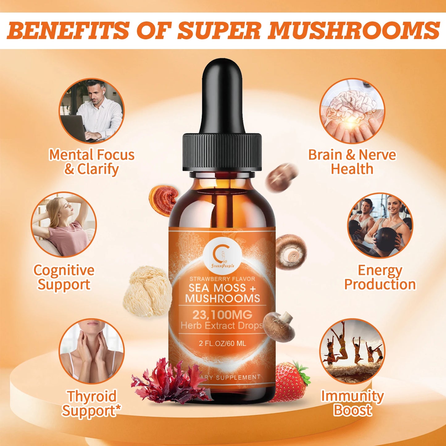 GPGP GreenPeople 60ML Organic Sea Moss & Mushroom Drops Support Brain and Neural Health, Increase Memory, Improve Focus