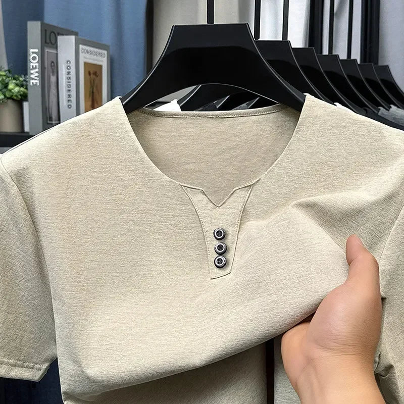 2025 New Men's Business Casual Three Button V-neck Short Sleeved T-shirt Korean Style Summer Comfortable Versatile Top