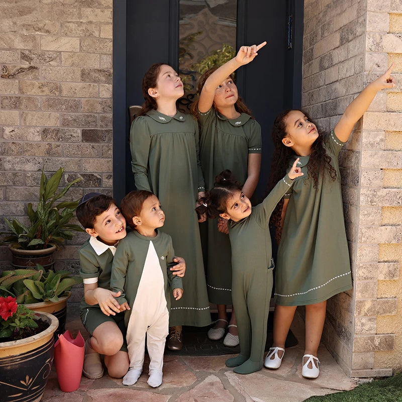 AA-SS26 Bow shabbos robe set family matching kds clothing olive leaf printed girls dresses boys shirt leggings baby romper