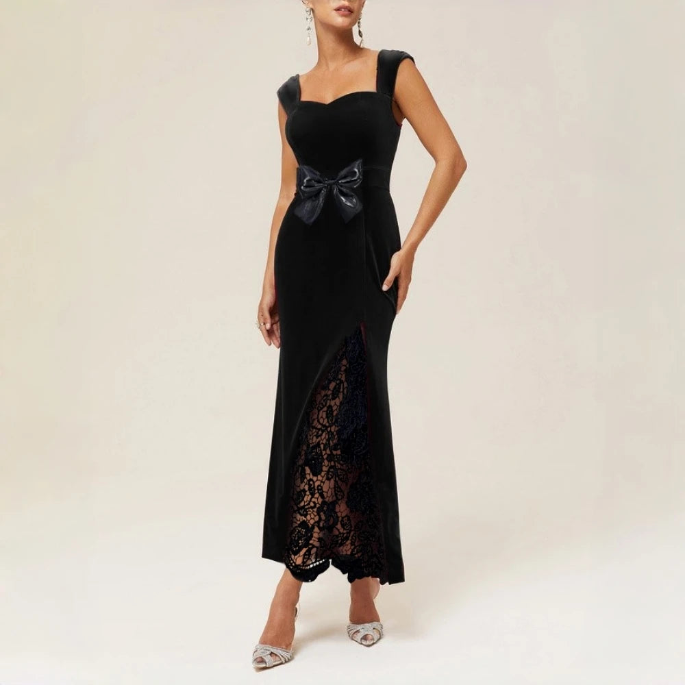 Women Velvet Maxi Dress Spring Summer Sleeveless Lace Patchwork Bow Waist Bodycon Evening Party Cocktail Runway Elegant Dress
