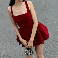 BKLD Fashion Red Bowknot Mini Dress Straps Square Collar Sleeveless Backless Vintage Cute Ladies Slim Party Short A-line Dresses