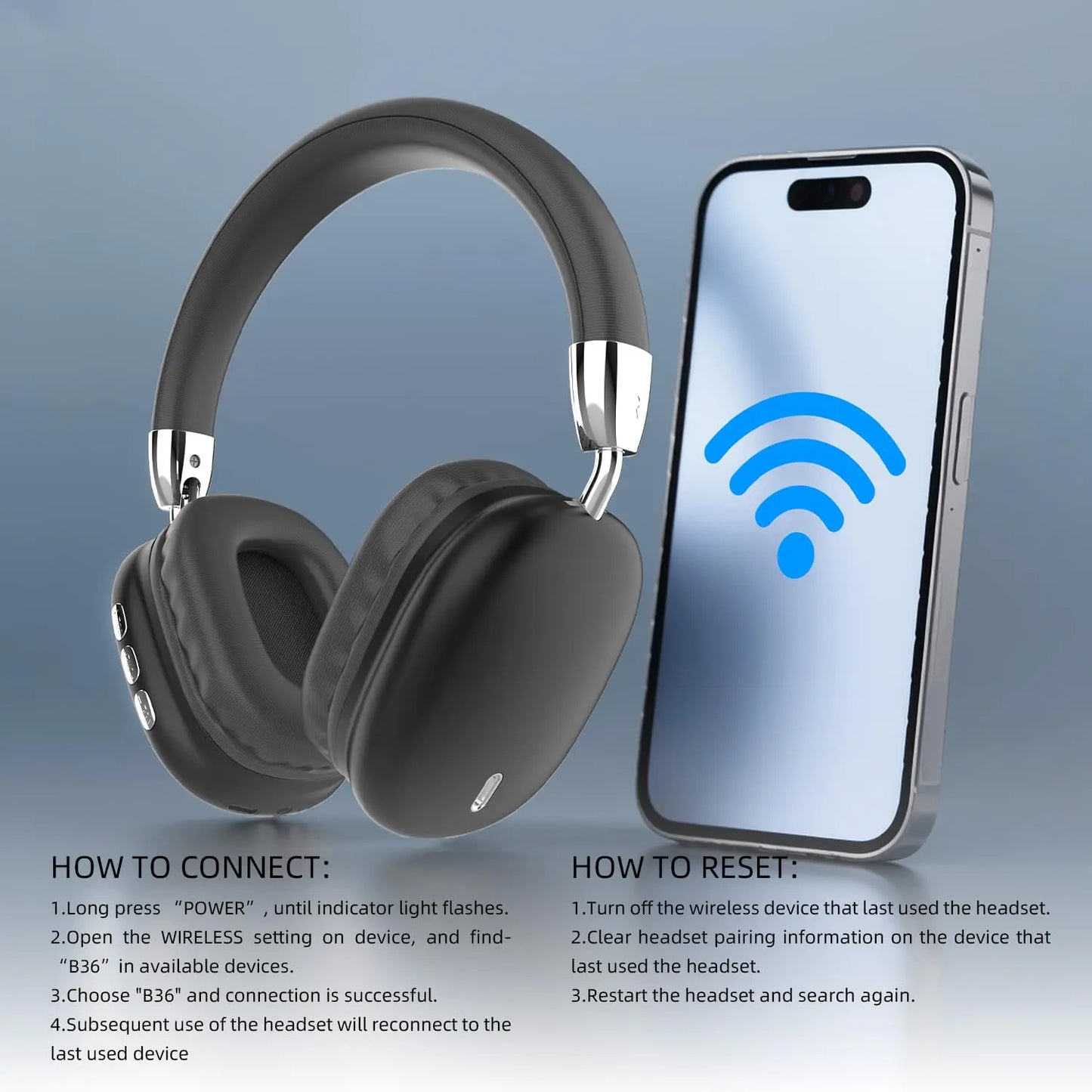 B36 Over-Ear Headphones, Bluetooth 5.3, ANC, 8H Playtime, HD Mic, Foldable. For Mobile, PC, Gaming.