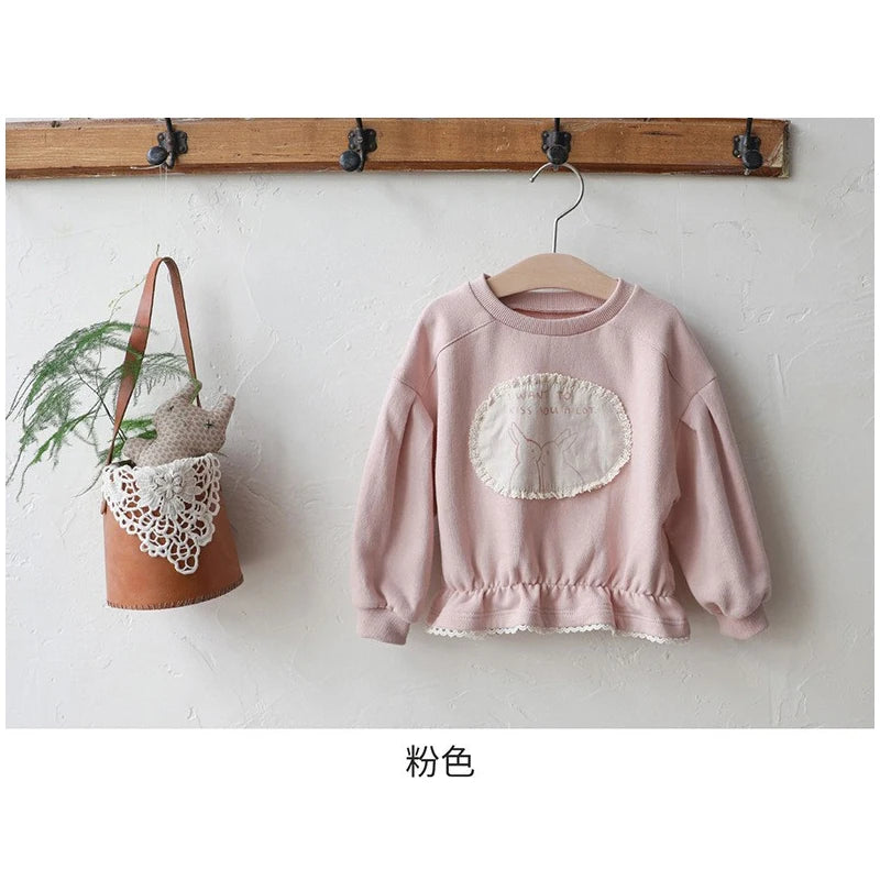 WT2768 Korean Style Spring Autumn Cute Rabbit Patch Lace Waist Short Sweatshirt for Girls Children's Clothing 2026 New Arrival