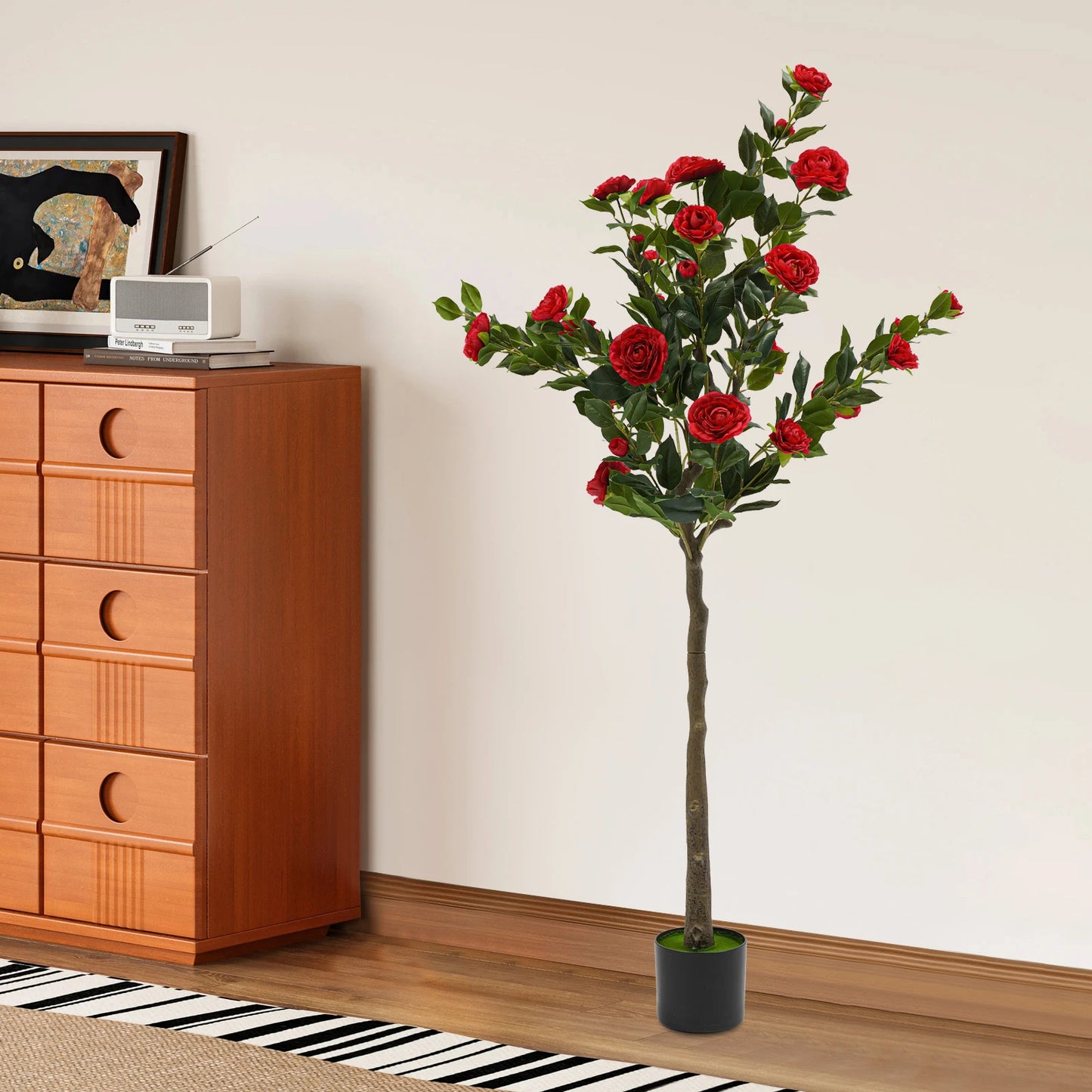 150cm Artificial Camellia Tree Camellia Plant in Pot with Red Flowers Red Artificial Camellia Trees for Living Rooms, Studies, B