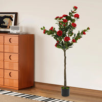 150cm Artificial Camellia Tree Camellia Plant in Pot with Red Flowers Red Artificial Camellia Trees for Living Rooms, Studies, B