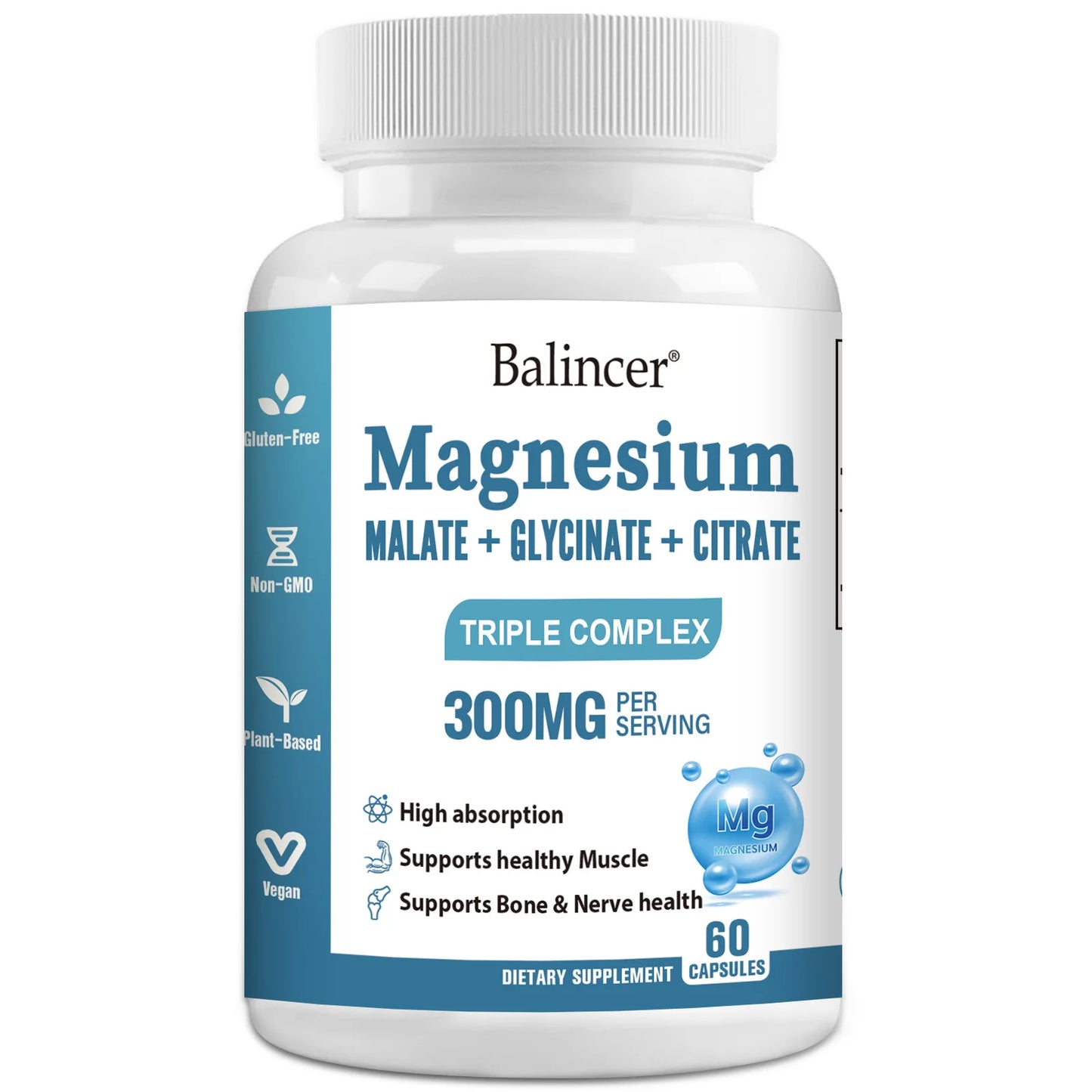 Triple Magnesium Complex - Malate + Glycinate + Citrate - High Absorption, Support Muscle, Bone & Nerves Health, 60 Capsules