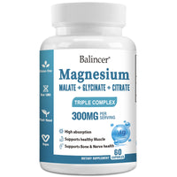 Triple Magnesium Complex - Malate + Glycinate + Citrate - High Absorption, Support Muscle, Bone & Nerves Health, 60 Capsules