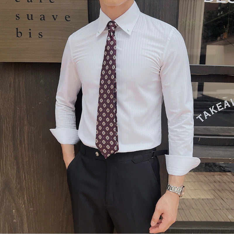 High-quality autumn men's new long-sleeve dark striped slim-fit shirt business casual formal workwear M-4XL