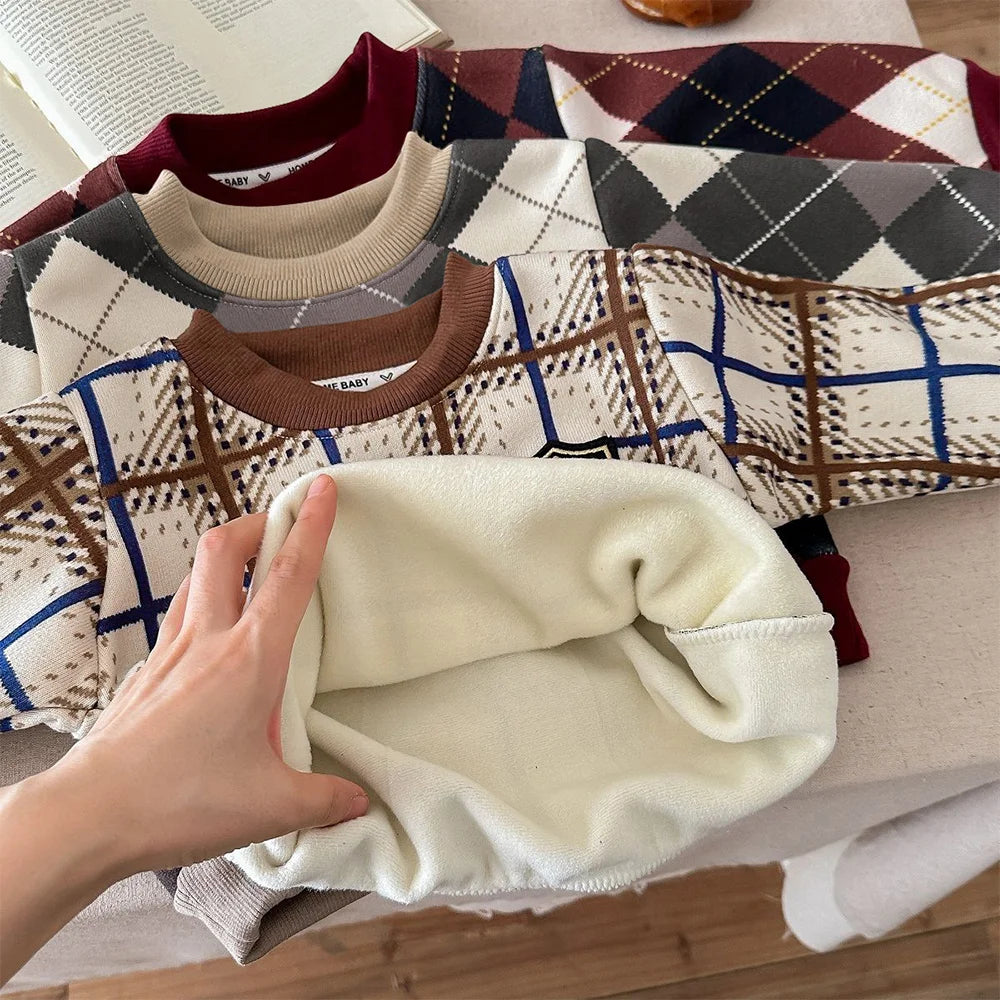 New Children's Warm Long-sleeves Boys And Girls Preppy Style Fashion Plaid T-shirt Kid's Clothing Knitwear Fleece-lined Top