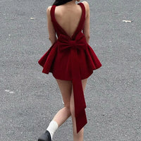 BKLD Fashion Red Bowknot Mini Dress Straps Square Collar Sleeveless Backless Vintage Cute Ladies Slim Party Short A-line Dresses