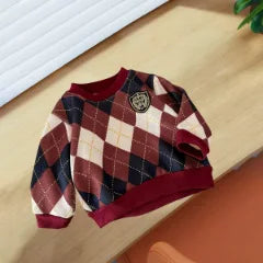 New Children's Warm Long-sleeves Boys And Girls Preppy Style Fashion Plaid T-shirt Kid's Clothing Knitwear Fleece-lined Top