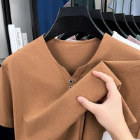 New Men's Casual and Fashionable Three Button V-neck Solid Color Short Sleeved T-shirt Summer Versatile Top