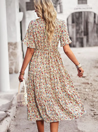 Summer Women V Neck Elegant Printed Short Sleeve High Waist A Line Floral Holiday Dress