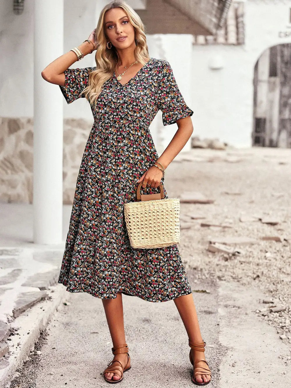 Summer Women V Neck Elegant Printed Short Sleeve High Waist A Line Floral Holiday Dress