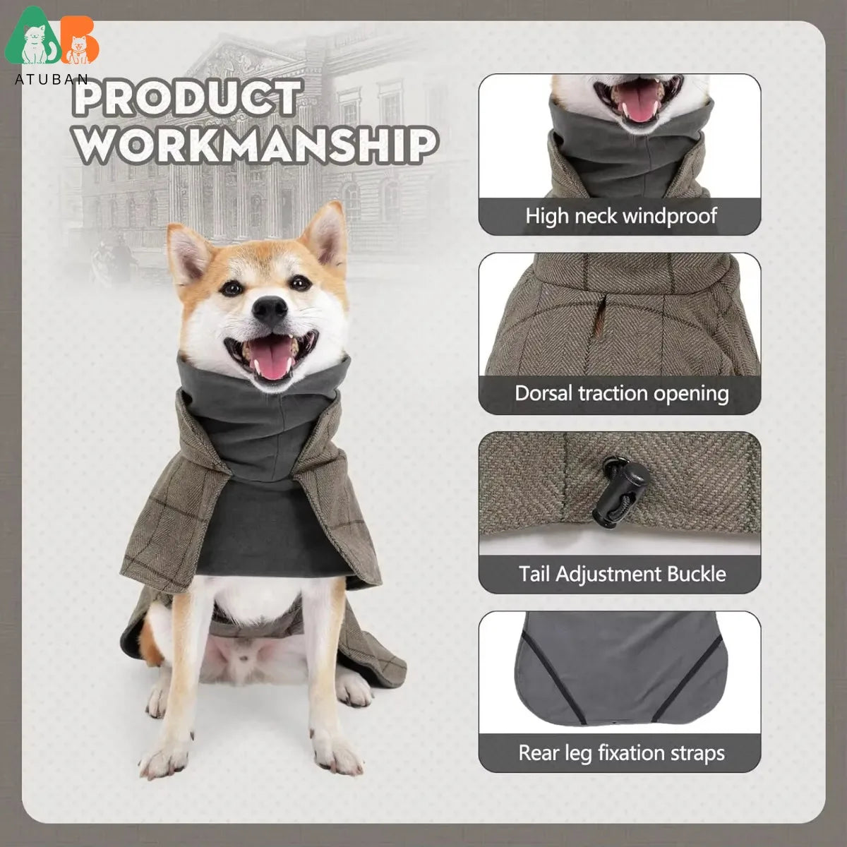 ATUBAN Warm Dog Coat English Plaid Dog Fleece Vest Windbreaker Jacket Winter Clothing Traction Eyelets Suitable for All Dog Type