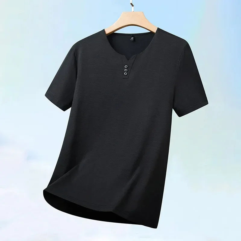 2025 New Men's Business Casual Three Button V-neck Short Sleeved T-shirt Korean Style Summer Comfortable Versatile Top