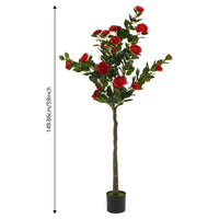 150cm Artificial Camellia Tree Camellia Plant in Pot with Red Flowers Red Artificial Camellia Trees for Living Rooms, Studies, B
