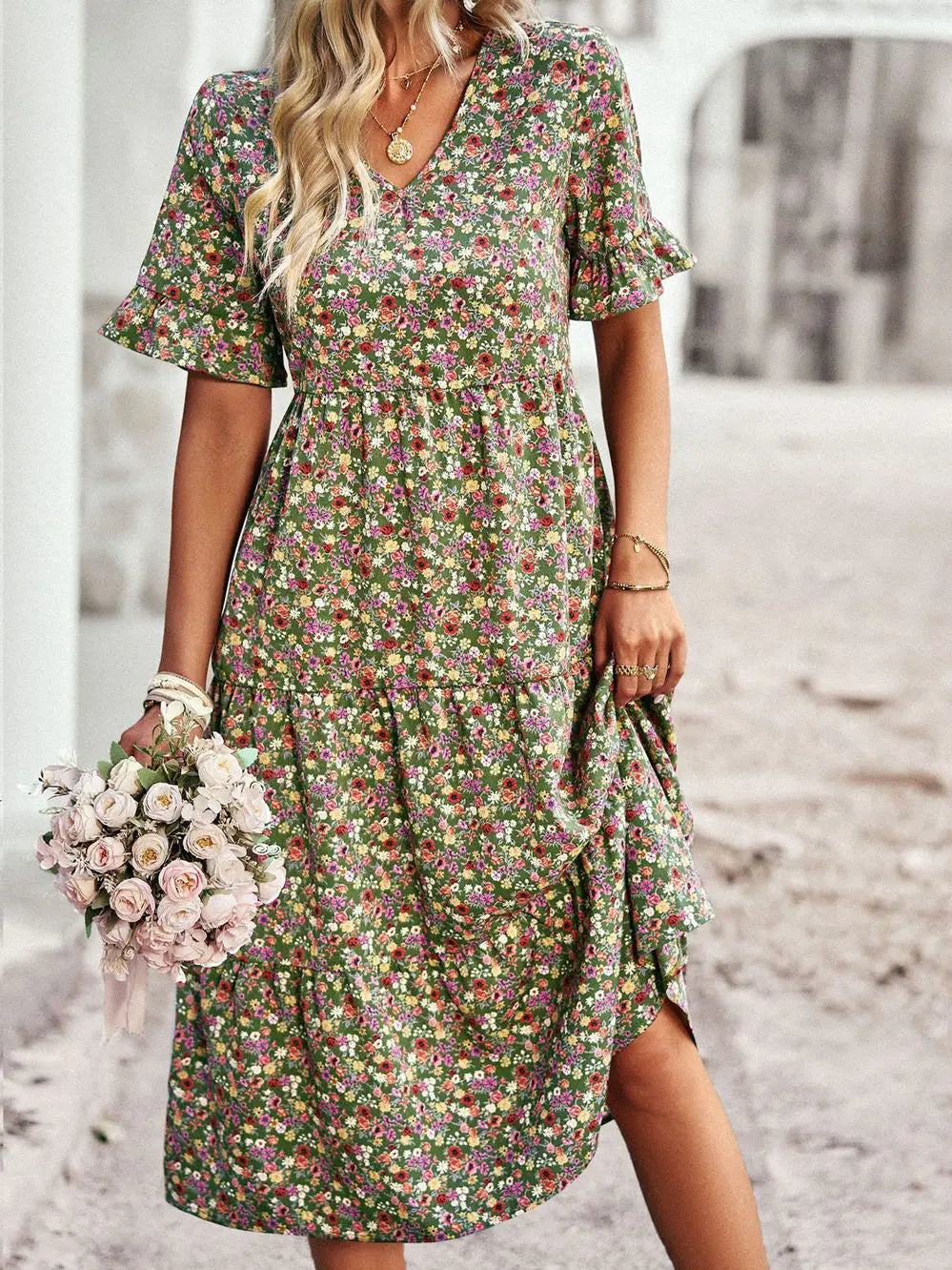 Summer Women V Neck Elegant Printed Short Sleeve High Waist A Line Floral Holiday Dress
