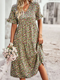 Summer Women V Neck Elegant Printed Short Sleeve High Waist A Line Floral Holiday Dress