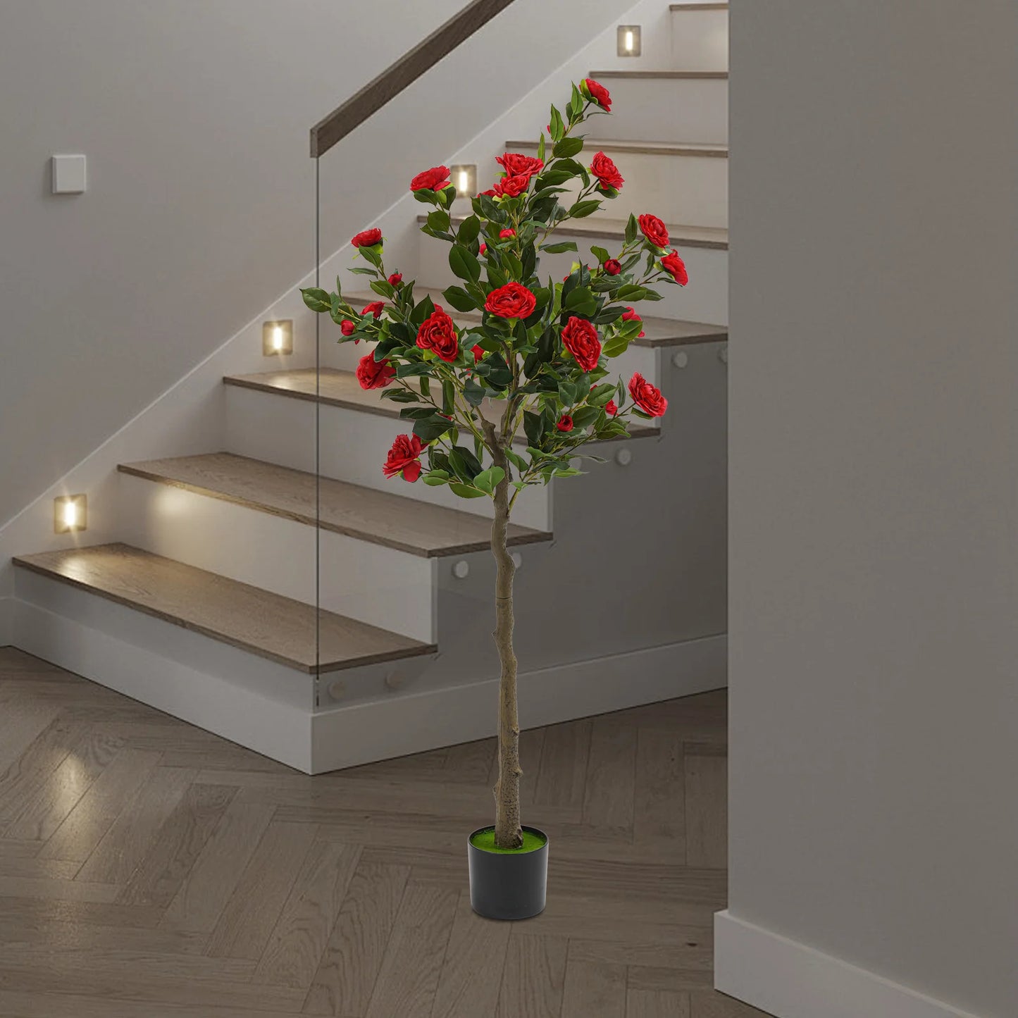 150cm Artificial Camellia Tree Camellia Plant in Pot with Red Flowers Red Artificial Camellia Trees for Living Rooms, Studies, B