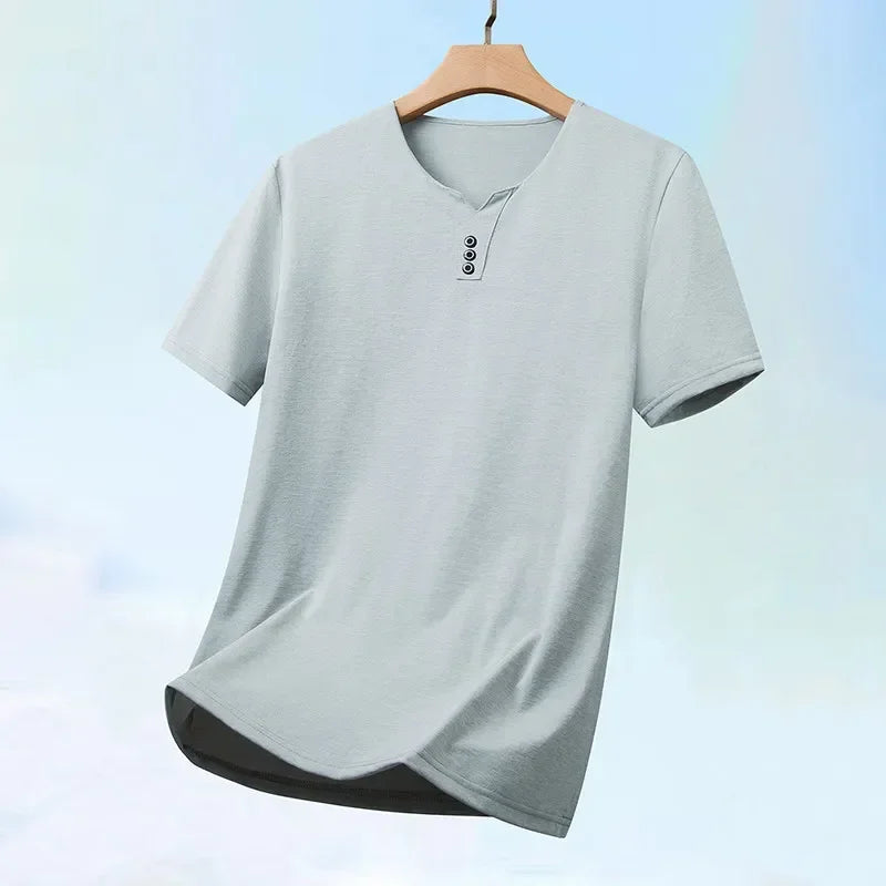 2025 New Men's Business Casual Three Button V-neck Short Sleeved T-shirt Korean Style Summer Comfortable Versatile Top
