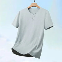 2025 New Men's Business Casual Three Button V-neck Short Sleeved T-shirt Korean Style Summer Comfortable Versatile Top