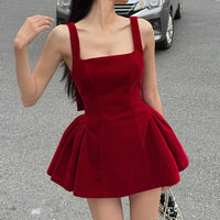 BKLD Fashion Red Bowknot Mini Dress Straps Square Collar Sleeveless Backless Vintage Cute Ladies Slim Party Short A-line Dresses