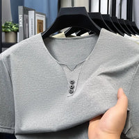 2025 New Men's Business Casual Three Button V-neck Short Sleeved T-shirt Korean Style Summer Comfortable Versatile Top