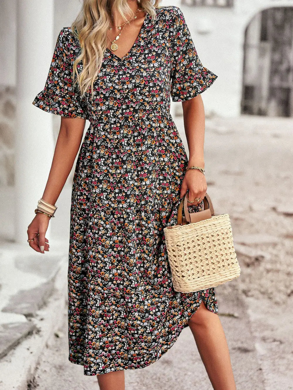 Summer Women V Neck Elegant Printed Short Sleeve High Waist A Line Floral Holiday Dress